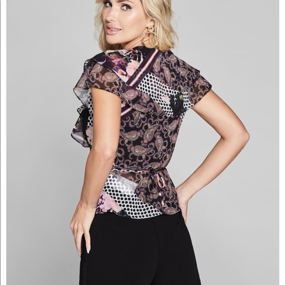 New Guess by Marciano patchwork paisley Ruffle Top